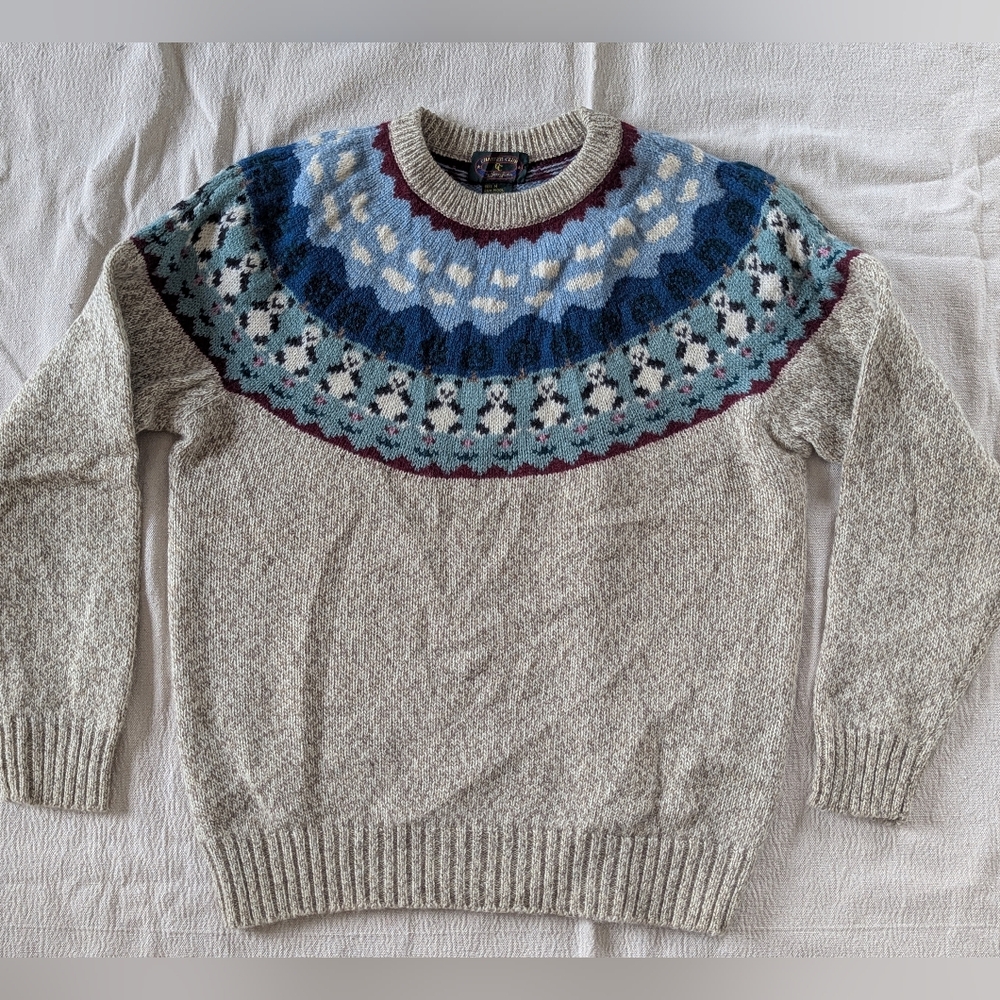 Authentic Vintage Wool Fair Isle Panda Sweater with Blue & Gray Nordic Design M